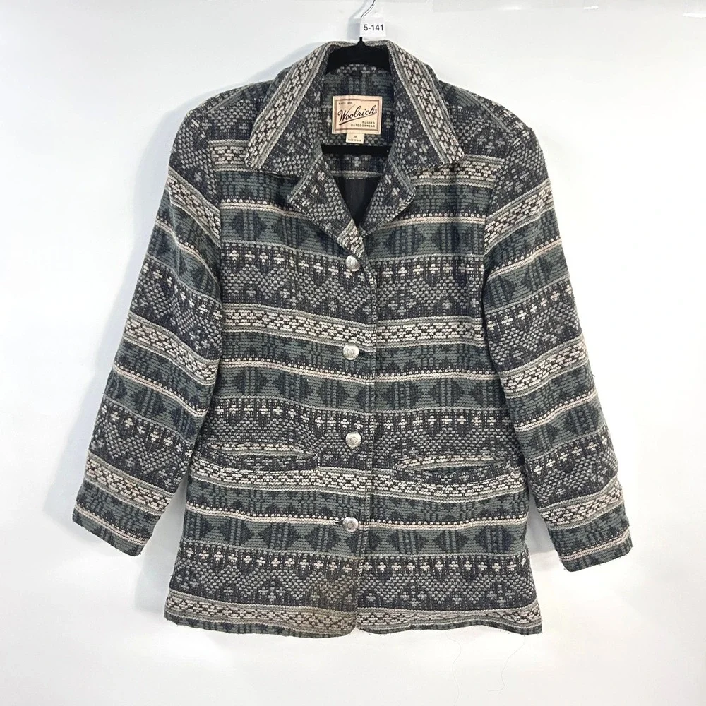 Vtg Woolrich Wool Aztec Southwestern Jacket Women M Made USA Sage Gray Chore